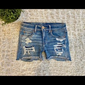 American Eagle Midi Stretch Denim Jeans Shorts Distressed Frayed Hem Cutoffs 4